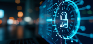 Digital lock graphic symbolizing credential theft and cybersecurity risks from phishing attacks
