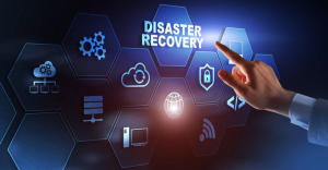 Concept image of disaster recovery and cybersecurity resilience with digital icons highlighting business continuity and secure IT infrastructure.