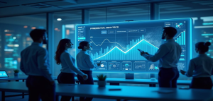 Business professionals reviewing predictive analytics and security performance data on a large digital dashboard in a modern enterprise environment.