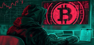 Depiction of a cybercriminal operating a Bitcoin-based crypto scam, representing fraudulent AI-driven investment platforms targeted by the SEC.