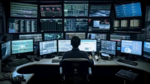 U.S. drone monitoring control room showing multiple surveillance and security screens amid FCC national security concerns.