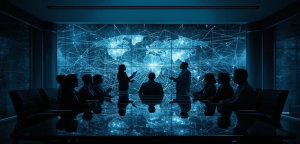 Cybersecurity professionals monitoring global ransomware attacks, symbolizing international investigation into the Nefilim ransomware group.