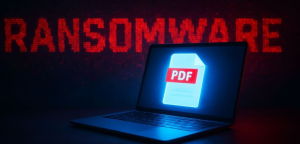 Ransomware attack illustration showing a malicious PDF file infecting a laptop, representing Nefilim ransomware operations.