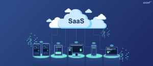 Illustration showing SaaS cloud platform connected to enterprise servers and devices, representing scalable enterprise software and security infrastructure.