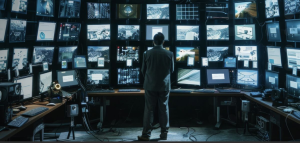 Scene representing large-scale financial fraud investigation, symbolizing SEC action against coordinated AI-themed cryptocurrency scams.