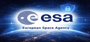 European Space Agency logo on digital cybersecurity background after server breach