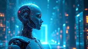 Futuristic artificial intelligence concept showing how AI is being used to power advanced cyber attacks.