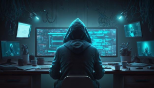 Hooded figure at multiple monitors symbolizing threat actors exposed after the BreachForums data leak.