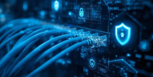 Close-up of network cables with cybersecurity icons representing alleged unauthorized access to Brightspeed systems.