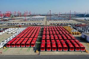 Large fleet of Chinese-made electric buses parked at a depot amid growing cybersecurity scrutiny