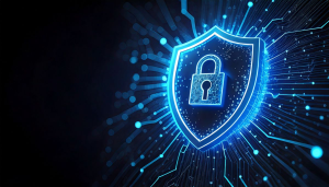 Digital shield symbolizing modern cybersecurity defenses protecting systems from AI-based attacks.