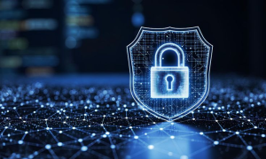 Digital shield with a lock symbol representing cybersecurity and network protection