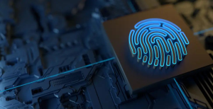 Digital fingerprint graphic representing identity manipulation and cyber infrastructure used in large-scale online scams.