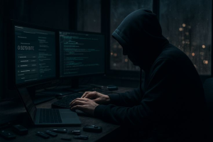Dark-themed image of a hacker at a computer representing insider threats and unauthorized access to AI source code.