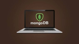 MongoDB logo displayed on a laptop representing an active security vulnerability and memory leak threat