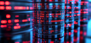 Server infrastructure visual showing abnormal data activity linked to MongoDB memory leak exploitation