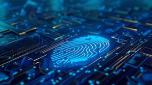 Digital fingerprint on circuit board symbolizing exposed personal identity data in Monroe University cyberattack