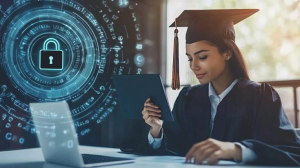 Student accessing digital systems with cybersecurity lock graphic representing Monroe University data breach impact on students