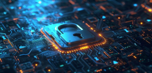 Digital lock over circuit board representing compromised developer systems in Node.js malware attack.