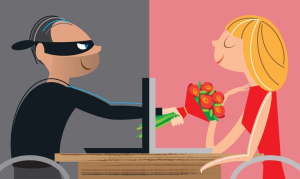 Illustration showing an online romance scam where a fraudster builds trust with a victim before financial exploitation.