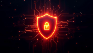 Red digital shield symbolizing cybersecurity alert amid PLUGGYAPE malware targeting Ukraine’s defense forces.