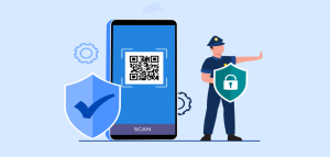 Illustration showing secure QR code scanning and cybersecurity protection against phishing attacks