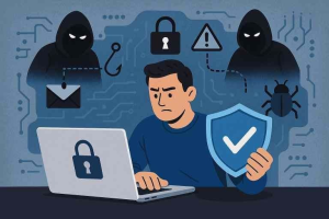 User protecting a laptop from hackers phishing malware and cyber attacks illustration