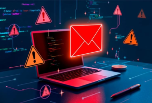 Laptop displaying a malicious email with warning signs representing AI-powered phishing attacks targeting cryptocurrency exchanges.