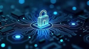 Digital lock over circuit board symbolizing cybersecurity concerns after discovery of AI-powered Android malware PromptSpy.