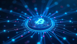 Digital Bitcoin symbol connected to a blockchain network illustrating crypto companies targeted in state-sponsored cyber attacks.