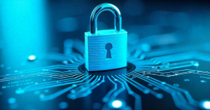 Cybersecurity lock over digital circuits representing stolen developer credentials used to spread GlassWorm malware.