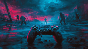 Gaming controller in a dark environment symbolizing malware spread through gaming platforms and unofficial tools.