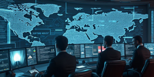 security analysts monitoring a global cyber threat map in a command center, representing large-scale cyber espionage activity against government infrastructure worldwide