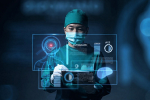 Hospital surgeon using digital medical interface highlighting cybersecurity risks to healthcare sector from ransomware attacks.