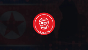 Lazarus Group emblem displayed over North Korea flag background representing alleged link to Medusa ransomware operations.