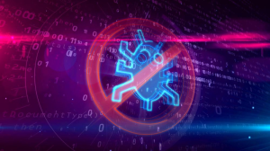 Cybersecurity graphic showing malware being blocked, representing malicious files delivered through compromised Notepad++ update servers.