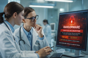 Doctors looking at computer screen displaying ransomware encryption message during suspected Medusa attack on healthcare systems.