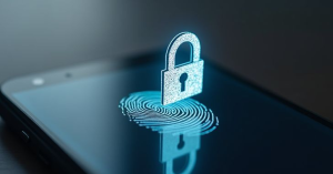 Smartphone displaying fingerprint authentication with a digital lock, representing secure mobile device protection against cyber threats.