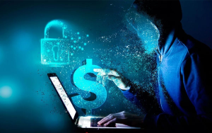 Hooded hacker extracting digital money through ransomware attack, highlighting cyber extortion and financial crime.