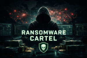 Dark visual of a ransomware cartel leader with global network connections, symbolizing organized cybercrime operations.