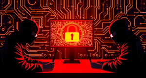 Illustration showing two hackers operating from opposite sides, symbolizing organized ransomware cartels targeting digital systems.