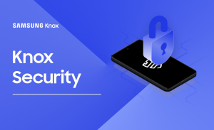 Samsung Knox security platform illustration showing a protected smartphone with built-in enterprise-grade mobile security.