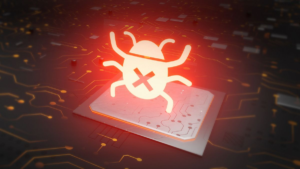 Glowing malware bug icon on a microchip symbolizing a supply-chain cyberattack targeting trusted software distribution channels.