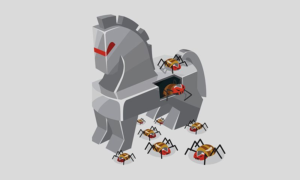 Illustration of a Trojan horse with hidden malware symbolizing trojanized gaming tools delivering a Java-based remote access trojan.