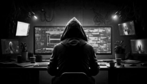 A hacker sitting in a dark room accessing multiple computer systems, representing the Ajax cyber breach and unauthorized system access.