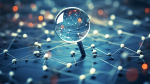 A digital network with connected nodes under a magnifying glass, symbolizing exposed Ajax fan data and system vulnerabilities.