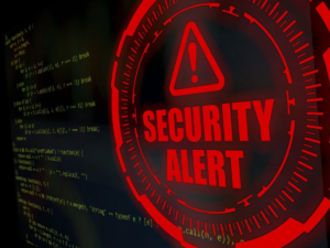 A red security alert warning displayed over code, representing vulnerabilities in Ajax’s ticketing system and cybersecurity risks.