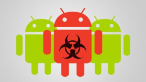 Android robot icons with a malware biohazard symbol representing Android malware threats targeting mobile devices.