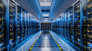 Interior view of a modern AWS data center server room with rows of network racks and cooling systems.
