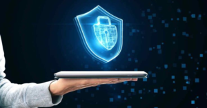 Digital shield over laptop representing security risks and protection concerns in Axios npm supply chain attack